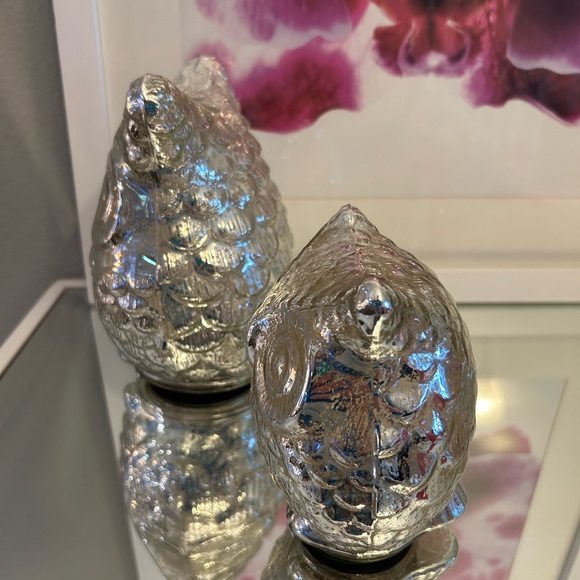 West Elm Mercury Glass Silver Glass Owl Figurines set of 2 - Picture 3 of 6